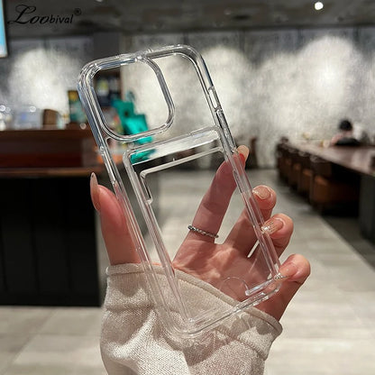 Fashion Card Holder Transparent Case for iPhone 16 15 17 Pro Max Air 14 Plus 11 12 13 16e Xs Wallet Soft Shockproof Clear Cover