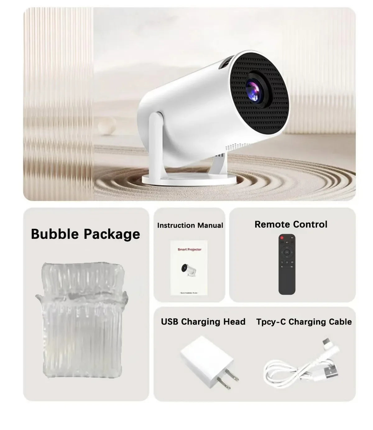 A Nouveau projecteur portable HY300 4K sous Android 11, 300 ANSI, mise au point électronique, Bluetooth 5.4, haut-parleur intégré, usage extérieur