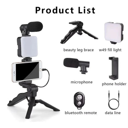 Smartphone Vlogging Kit Tripod Phone Holder Mini Microphone LED Fill Light Stabilizer Stand for YouTube Live Stream Short Video