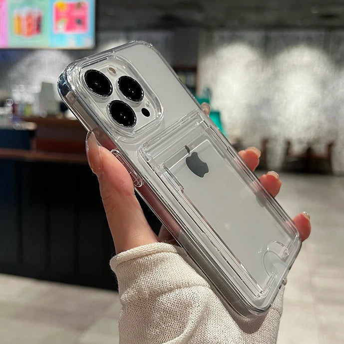 Fashion Card Holder Transparent Case for iPhone 16 15 17 Pro Max Air 14 Plus 11 12 13 16e Xs Wallet Soft Shockproof Clear Cover